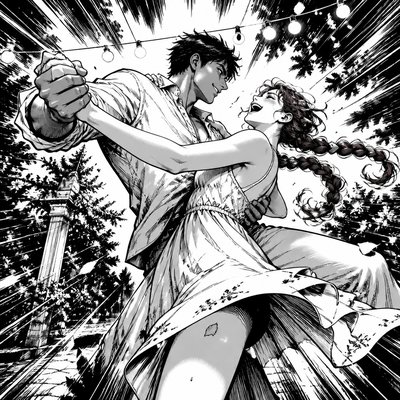 an original couple dancing under string lights in a garden at dusk: a man with short black hair in a linen shirt and a woman with braided red hair in a summer dress