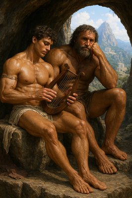 a painting of two men sitting next to each other