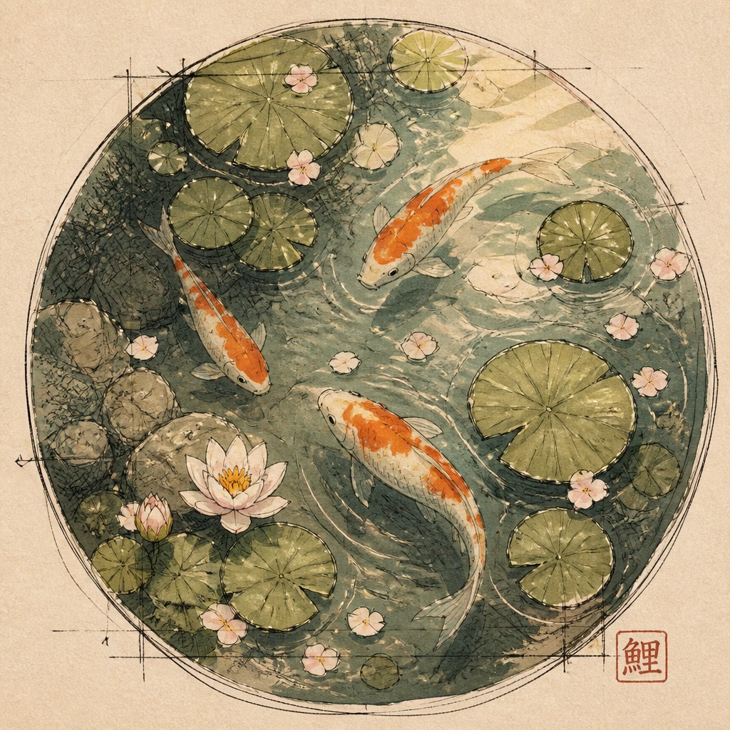 A koi pond seen from above, orange and white koi fish swimming among lily pads, clear water with subtle ripples, fallen cherry blossom petals floating on the surface, dappled sunlight