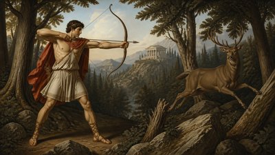 greek athlete with bow and arrow shooting a deer in the forest