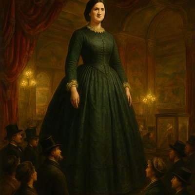 Victorian Oil Painting Art Style, Historical Digital Art Style, a rich and detailed full-body portrait of the famous giantess Anna Swan standing in the center of a lavish, gaslit exhibition hall at P.T. Barnum's American Museum in the 1860s. She is towering over the surrounding crowd of average-sized gentlemen in top hats and ladies in bonnets, whose heads only reach her waistline; they look up at her with expressions of awe and curiosity. Anna is dressed with immense dignity in a fashionable, expansive Victorian silk gown with a crinoline hoop skirt, tailored bodice, and lace trim. Her face is gentle, intelligent, and composed. The background is crowded with heavy red velvet drapery, gilded architectural details, curiosities in glass cases, and painted circus banners faintly visible. The lighting is warm, dramatic gaslight, creating deep shadows and highlighting the rich fabrics and the incredible scale of Anna Swan compared to her environment.