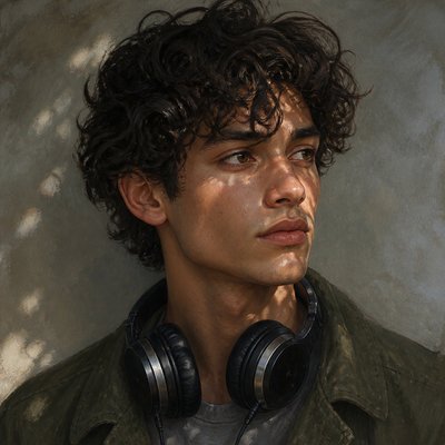 head-and-shoulders portrait of an original character: a young man with curly dark hair and headphones around his neck, plain backdrop, no text