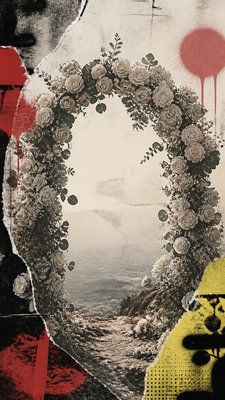 an arch of white roses and eucalyptus in soft morning light, elegant vertical composition with open space, no text