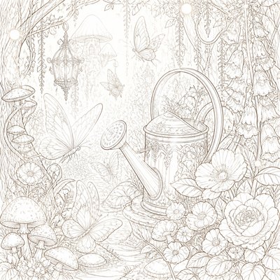a garden scene with butterflies, flowers and a watering can, clean uncolored line art, no text