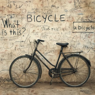 bicyle resting against a wall