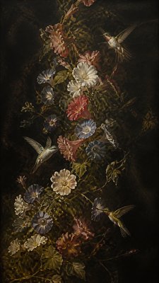 a climbing vine of flowers and hummingbirds on a dark background, tall wrapping composition, no text