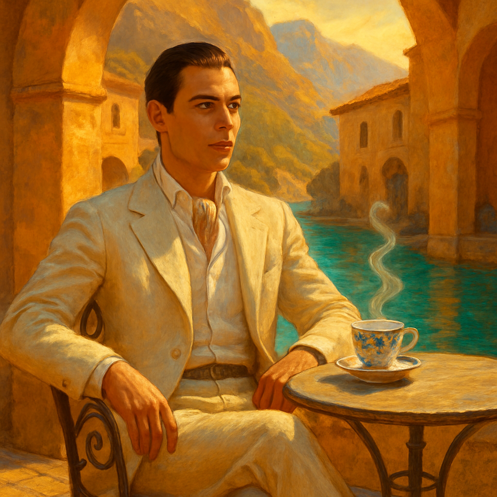 cinematic, vibrant scene of Rudolph Valentino in his youthful prime, seated at a French-style outdoor café table beside a clear, highly reflective teal-blue stream in the Italian mountains. He is strikingly handsome with smooth Mediterranean features, youthful charm, and a confident presence. He wears a tailored cream linen suit with a crisp white shirt, a silk cravat in soft pastel tones, and polished leather shoes. His hair is sleek and perfectly styled in a classic 1920s fashion, evoking timeless elegance. On the table rests a delicate porcelain coffee cup of fine Italian china, painted with intricate cobalt blue, gold, and crimson patterns. Steam rises gracefully from the cup, curling upward like ethereal ribbons, catching the sunlight in cinematic detail. The atmosphere glows with radiant, vibrant colors teal waters shimmering, golden mountain light illuminating the scene, reflections dance across the café table. No dark overlay, only luminous tones and crisp clarity.   