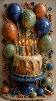 a birthday cake with lit candles surrounded by balloons and confetti, festive vertical composition, no text