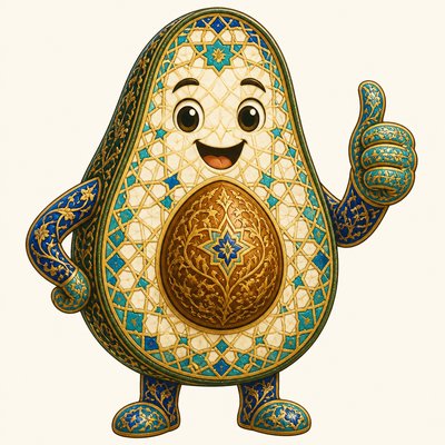 a happy avocado character giving a thumbs up, bold readable design on a plain background, no text