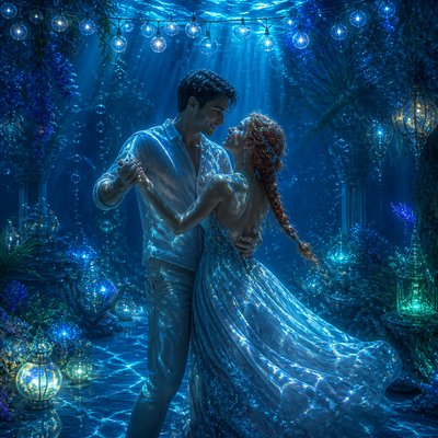 an original couple dancing under string lights in a garden at dusk: a man with short black hair in a linen shirt and a woman with braided red hair in a summer dress