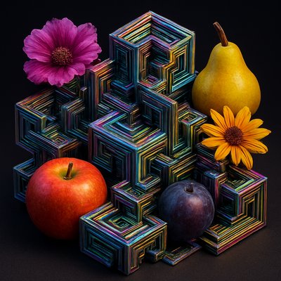 still life arrangement of fruits and flowers