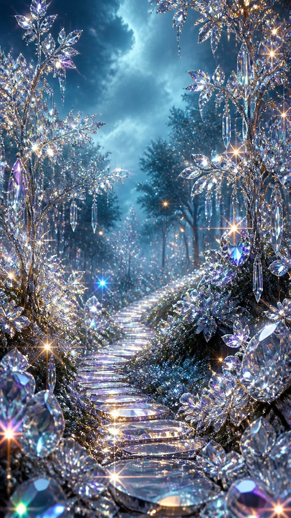 a mysterious forest path with fireflies and drifting mist, atmospheric vertical composition with open space at the top, no text