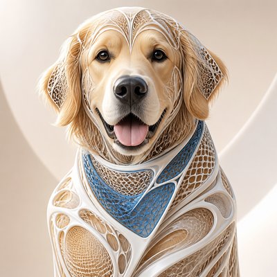 portrait of a golden retriever wearing a blue bandana, warm plain backdrop, no text
