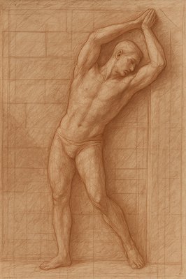 a drawing of a man standing in front of a wall