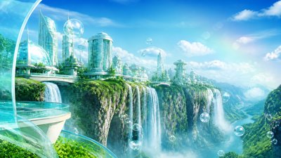 a cliffside city with waterfalls cascading into a misty canyon, wide establishing shot, no people, no text