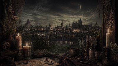 a city skyline panorama at dusk with glowing windows, no people