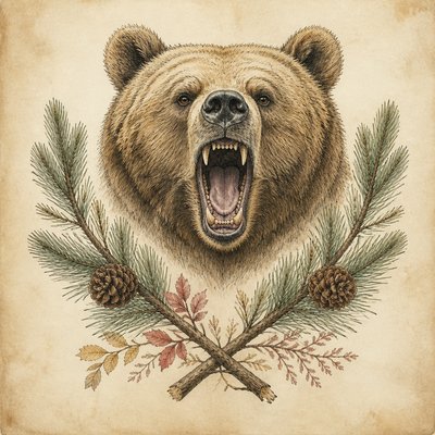 a roaring bear head above crossed pine branches, bold graphic composition on a plain background, no text