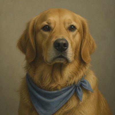 portrait of a golden retriever wearing a blue bandana, warm plain backdrop, no text