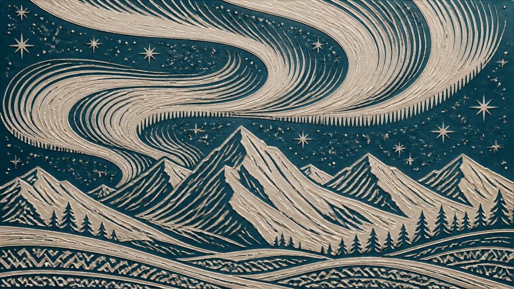 a flowing aurora over snowy peaks, wide sweeping composition, no people, no text
