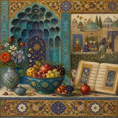 still life arrangement of fruits and flowers