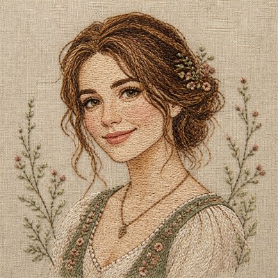 head-and-shoulders portrait of an original character: a young woman with wavy chestnut hair and a warm smile, plain soft backdrop