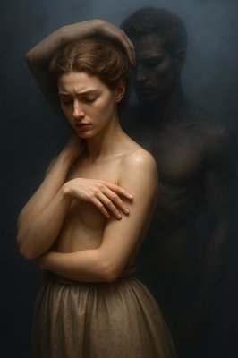 a painting of a naked woman with a man behind her