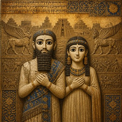 portrait of two people together — Iraqi Art Style