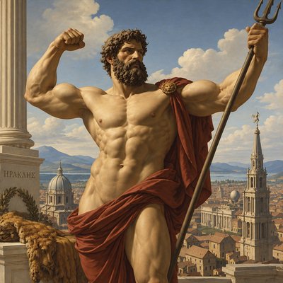a painting of a statue of a man holding a staff