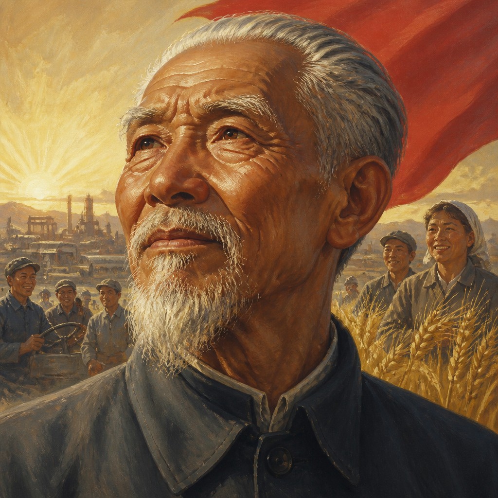 close-up portrait of an elderly person with expressive weathered features — Socialist Realism Art Style