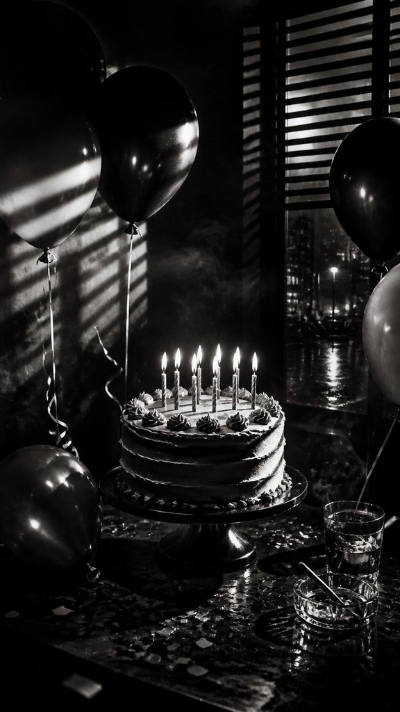 a birthday cake with lit candles surrounded by balloons and confetti, festive vertical composition, no text