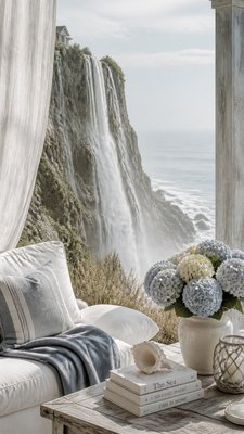 towering waterfall cascading down a cliff
