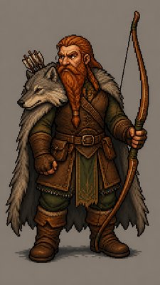full-body original character: a dwarven ranger with a braided auburn beard, worn leather armor, a longbow and a wolf-pelt cloak, neutral background, no text