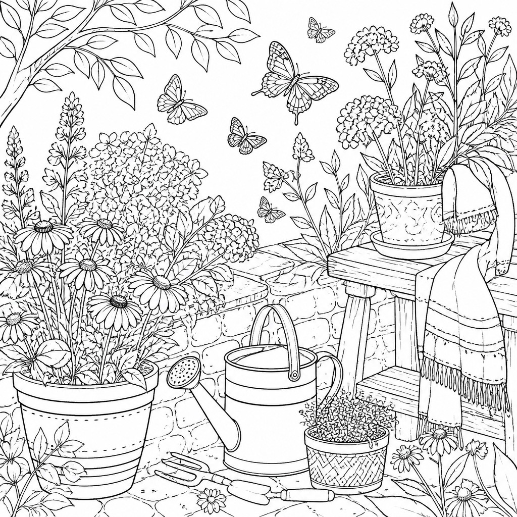 a garden scene with butterflies, flowers and a watering can, clean uncolored line art, no text
