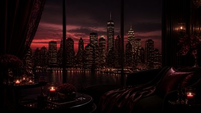 a city skyline panorama at dusk with glowing windows, no people