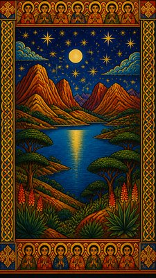 a tranquil mountain lake beneath a starry night sky, no people, no text