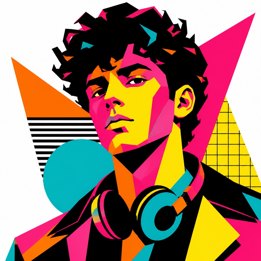 head-and-shoulders portrait of an original character: a young man with curly dark hair and headphones around his neck, plain backdrop, no text