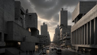 bustling city street panorama at dusk