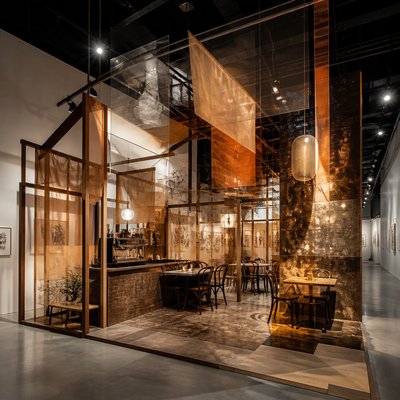 cozy cafe interior with warm lighting