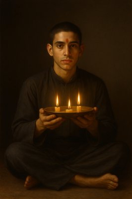 a man sitting in front of a cake with candles on it