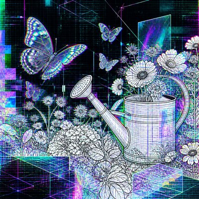 a garden scene with butterflies, flowers and a watering can, clean uncolored line art, no text