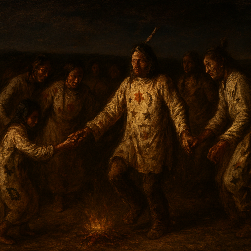 "A historically accurate depiction of a Ghost Dance, focusing on the late 19th-century context, specifically around 1890-1891. The scene shows Lakota (Sioux) or Northern Paiute people (specify one or include elements of both, but avoid anachronisms) participating in the ceremony.
Setting: A vast, open prairie or high desert landscape, under an expansive sky. The time of day could be dusk or night, with a prominent moon or stars, or a bright, clear day. Avoid overtly spiritual or ethereal elements like floating spirits unless explicitly requested for a later, more symbolic iteration. The focus should be on the earthly ceremony.
Participants: A circle of men, women, and children, hand-in-hand, moving in a slow, rhythmic shuffle or circular motion. Their faces show a mixture of devotion, hope, and determination. Some may have expressions of trance or deep concentration.
Attire:
    Ghost Dance Shirts/Dresses: Emphasize the unique Ghost Dance shirts and dresses, which were typically made of muslin or canvas. These garments should feature painted designs such as stars, crescents, birds (especially eagles or crows), buffalo, human figures, or crosses. The designs should appear hand-painted, not mass-produced.
    Hair and Adornments: Participants should have braided hair or wear it long. Some may wear feathers (e.g., eagle or hawk feathers) in their hair. Minimal traditional adornments, as the focus was often on the Ghost Dance shirt itself. Avoid overly elaborate or Hollywood-esque depictions of war bonnets unless relevant to a specific individual and context.
    Footwear: Moccasins or bare feet.
Action/Atmosphere:
    The dancers are moving in a counter-clockwise circle, with a central figure or a small group often leading.
    The overall mood is one of earnest prayer and communal spiritual effort. The dance should convey a sense of hope for renewal and the return of the old ways, rather than aggression or despair.
    There might be a central pole or small fire as a focal point, around which the dance takes place.
    Avoid any signs of direct conflict or violence; the Ghost Dance itself was a non-violent spiritual movement.
Specific Considerations for Accuracy:
    Wovoka's Influence: The teachings of Wovoka (the Northern Paiute prophet) emphasized peace, hard work, and the return of the buffalo and deceased ancestors. The scene should subtly reflect this hopeful, redemptive spirit.
    Regional Variations: If focusing on Lakota, consider their specific interpretations, which sometimes included more imagery related to their warrior traditions on the shirts, but still within the peaceful framework of the dance.
    Respectful Portrayal: Ensure the depiction is respectful and avoids any stereotypical or caricatured representations of Indigenous people. Focus on their human dignity and spiritual sincerity.