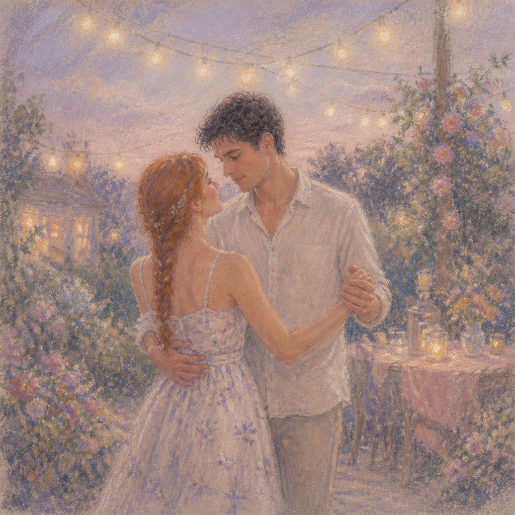 an original couple dancing under string lights in a garden at dusk: a man with short black hair in a linen shirt and a woman with braided red hair in a summer dress