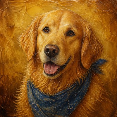 portrait of a golden retriever wearing a blue bandana, warm plain backdrop, no text