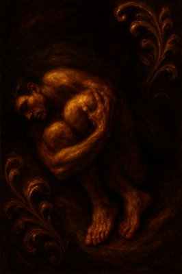 a painting of a man with his head in his hands