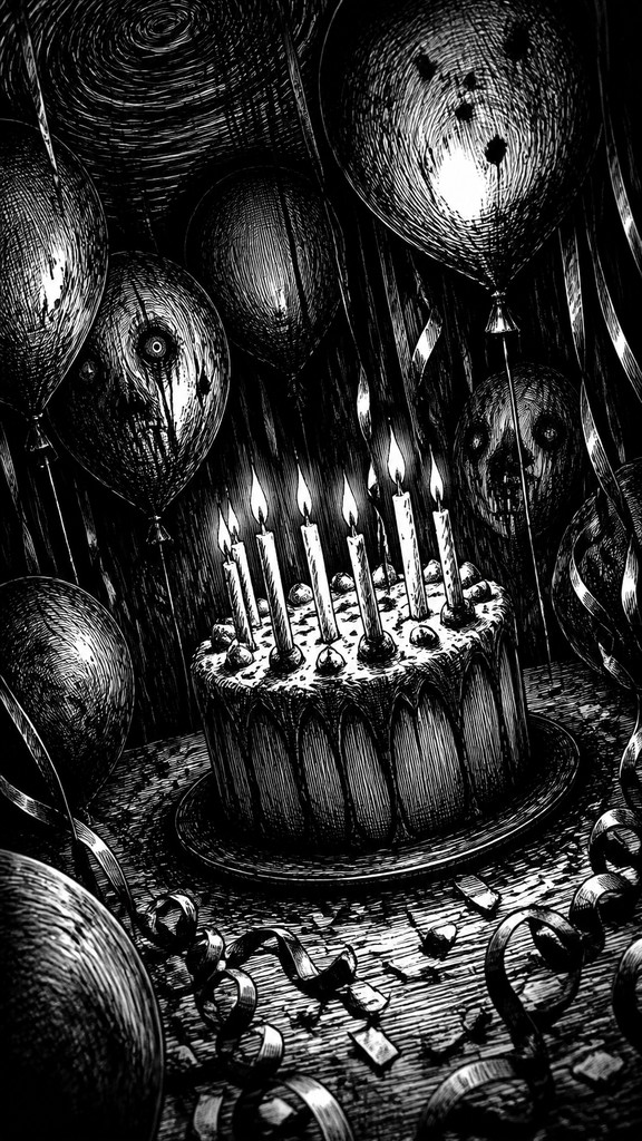 a birthday cake with lit candles surrounded by balloons and confetti, festive vertical composition, no text