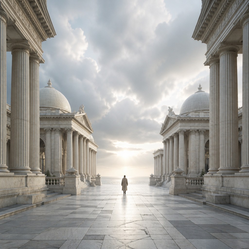 a solitary figure walking toward a glowing horizon across an empty plain, moody atmosphere, no text or lettering