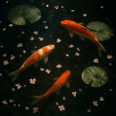 A koi pond seen from above, orange and white koi fish swimming among lily pads, clear water with subtle ripples, fallen cherry blossom petals floating on the surface, dappled sunlight