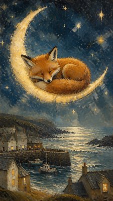a sleeping baby fox curled on a crescent moon among soft stars, gentle and warm, no text