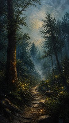 a mysterious forest path with fireflies and drifting mist, atmospheric vertical composition with open space at the top, no text