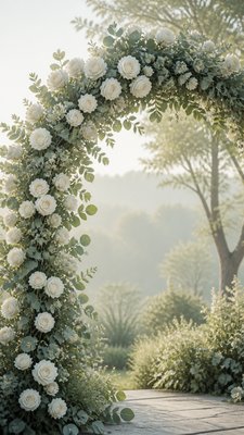 an arch of white roses and eucalyptus in soft morning light, elegant vertical composition with open space, no text